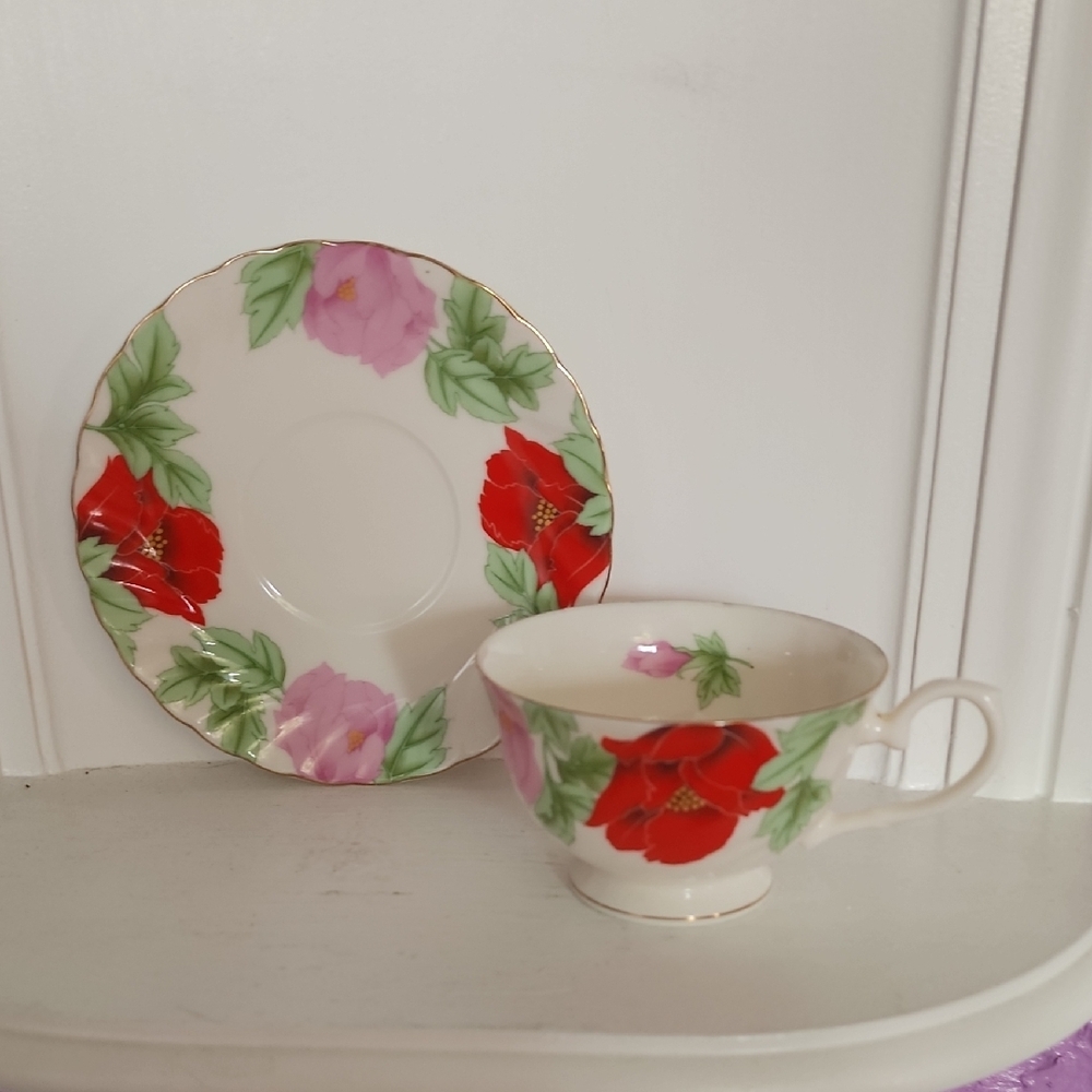 White Bone China Floral Teacup and Saucer Set
